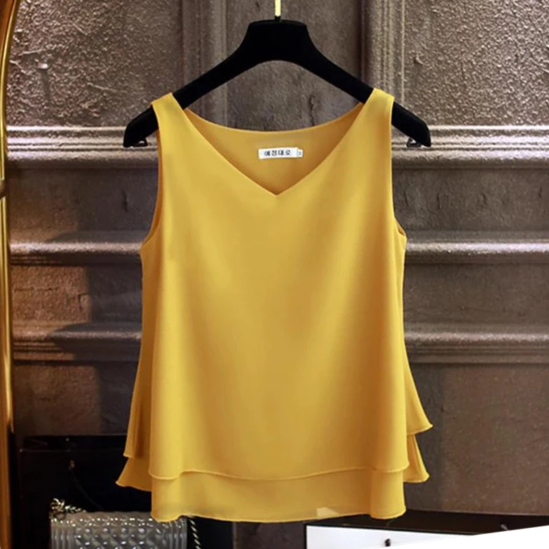 2021 Marca de Moda de las Mujeres blusa de Verano Nuevo sin mangas de la Gasa de la camisa de Sólido V-cuello Casual blusa de Más Tamaño 5XL Suelto Femenino Superior 3