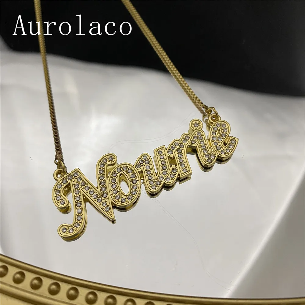 AurolaCo CZ Diamond Nombre del Collar de la Caja de la Cadena de encargo del Color del Oro del Acero Inoxidable de la Carta de la Placa de identificación del Collar para las mujeres Regalos 3