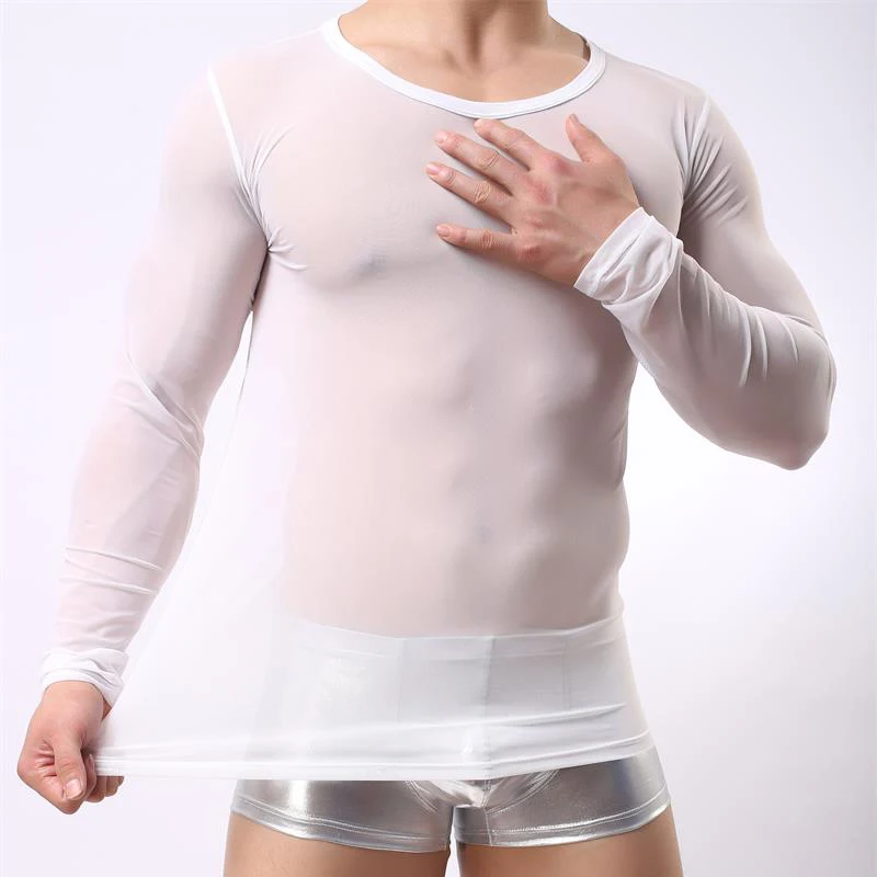Hombres Sexy Malla de Manga Larga con Camisa Tramo de camiseta de Deporte de Jogging, Gimnasio Licra Ropa Transpirable camiseta interior 3