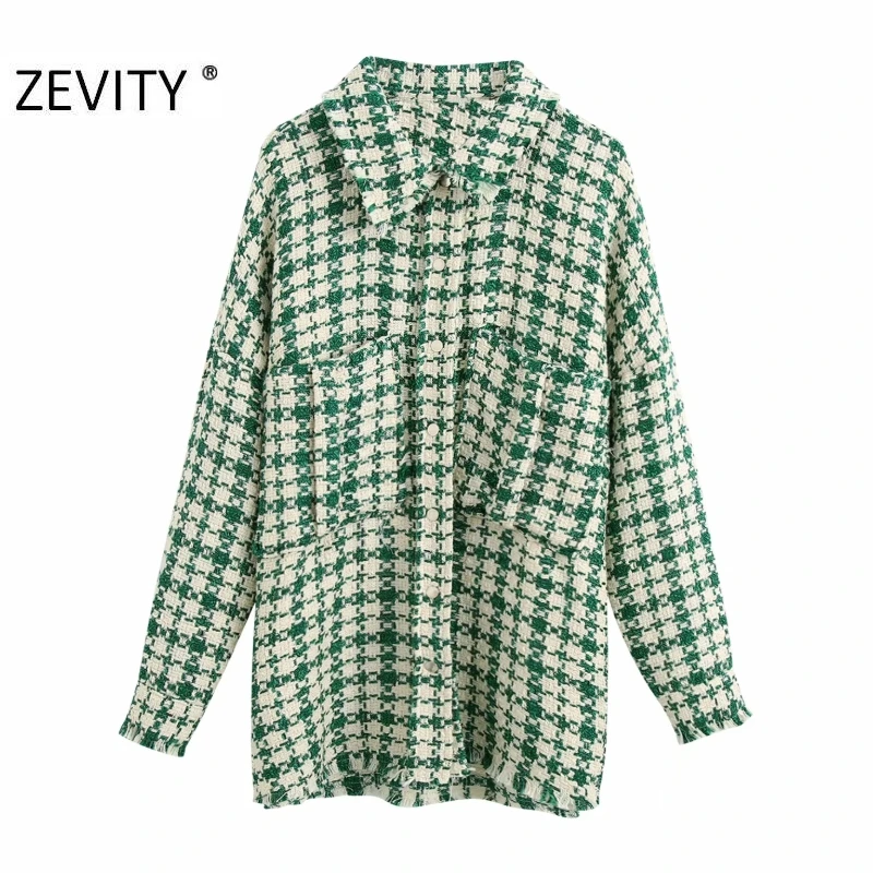Zevity Nuevo Otoño de las Mujeres de la Vendimia de la tela Escocesa de Impresión Camisa de Lana Abrigo de Señora de Manga Larga Bolsillo de Parche Borla Chaqueta Casual Chic Tops CT602 3