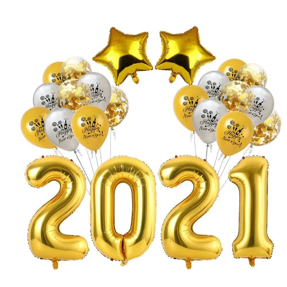 34Pcs/Set dorado y Negro, globos de Látex Feliz Año Nuevo 2021 Balón de Año Nuevo, Víspera de la Fiesta de las Vacaciones de la Fiesta de Navidad de la Decoración de Suministros 3