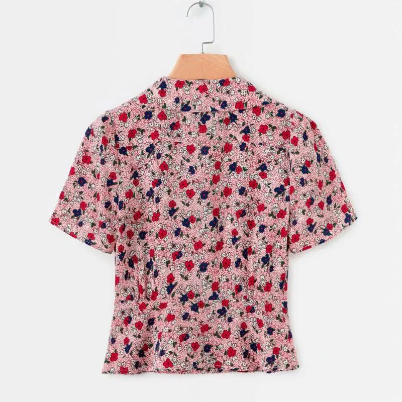 La mujer Camisetas de 2020 Primavera Verano de la Nueva Retro Camisa Corta Traje de Cuello de Manga Corta Solo Pecho de la Impresión Floral de la Blusa Femenina Tops 3