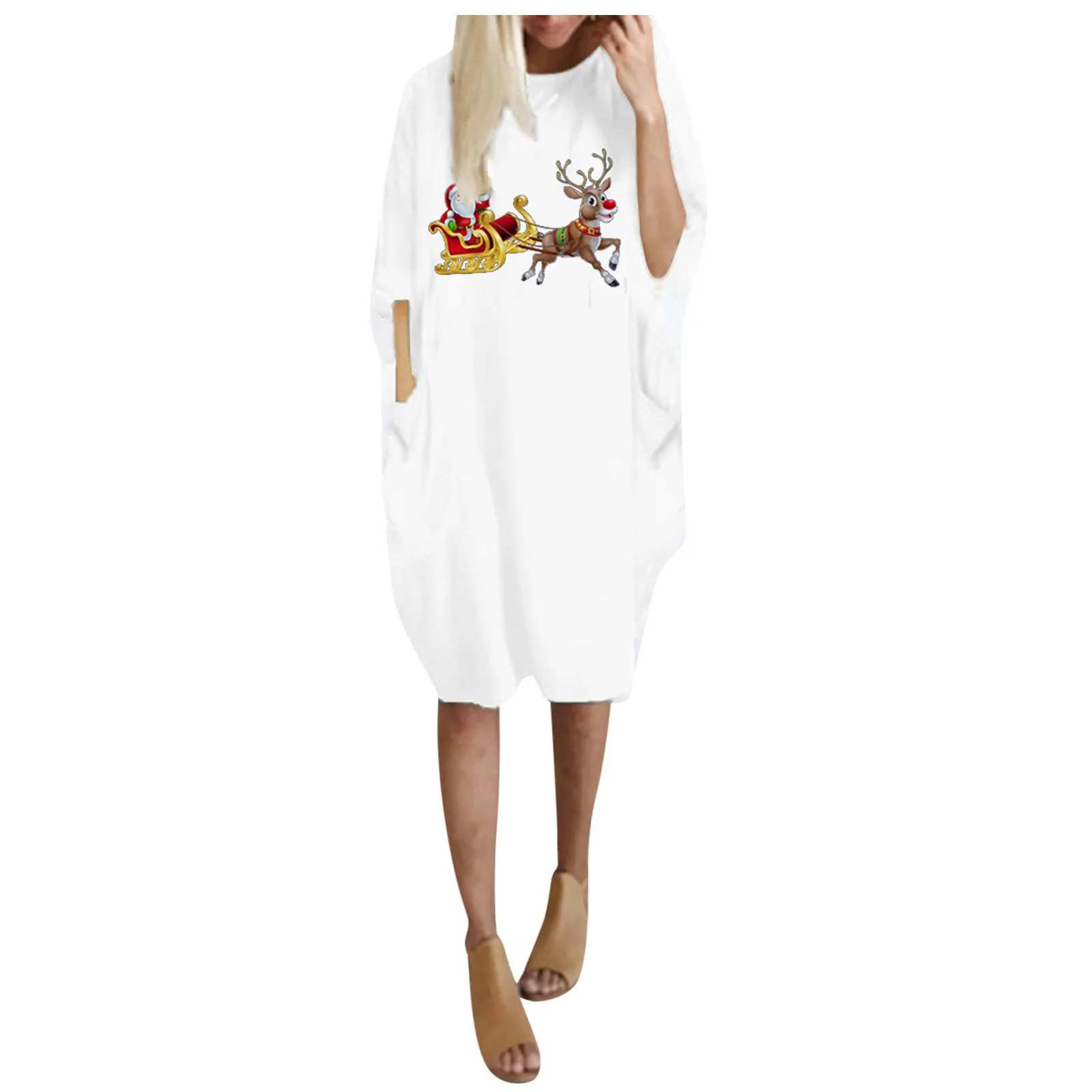 La Mujer de Moda de Invierno Plus Tamaño Suelto O-Cuello de Bolsillo de Navidad Impreso Vestido de 2020 Otoño Vestidos Para las Mujeres F Buque Rápido 3