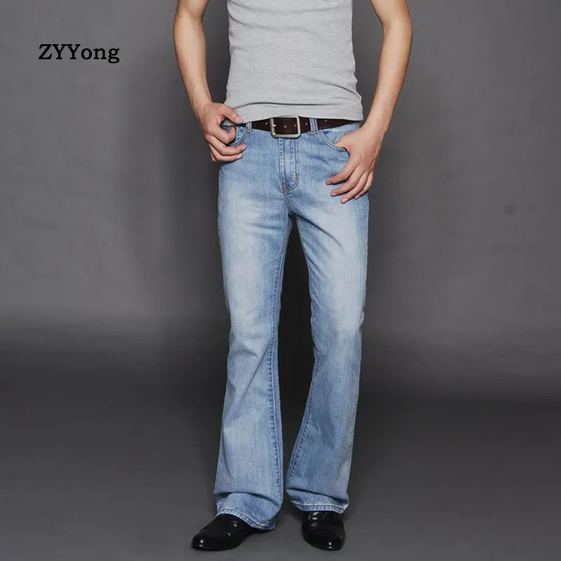 2020 Nueva Luz Azul para Hombre Gran Quemado Jeans Boot Cut de la Pierna de los Pantalones Sueltos Macho Diseñador Clásico Denim Jeans de Campana Inferior de los pantalones Vaqueros para Mí 3