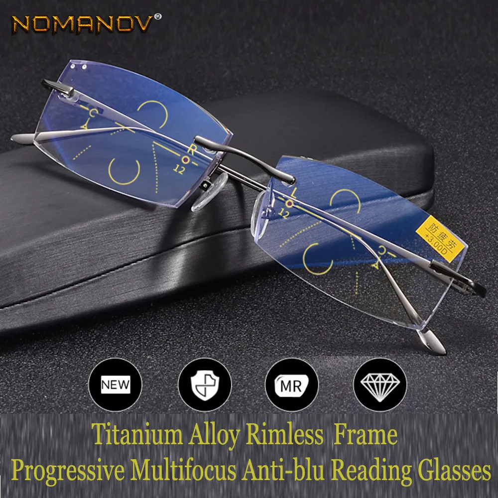 NOMANOV = Multifocal Progresiva Gafas de Lectura de Aleación de Titanio Montura con Corte de Diamante, Ver de Cerca Y de Lejos SUPERIOR 0 AÑADIR +0.75 +3 3