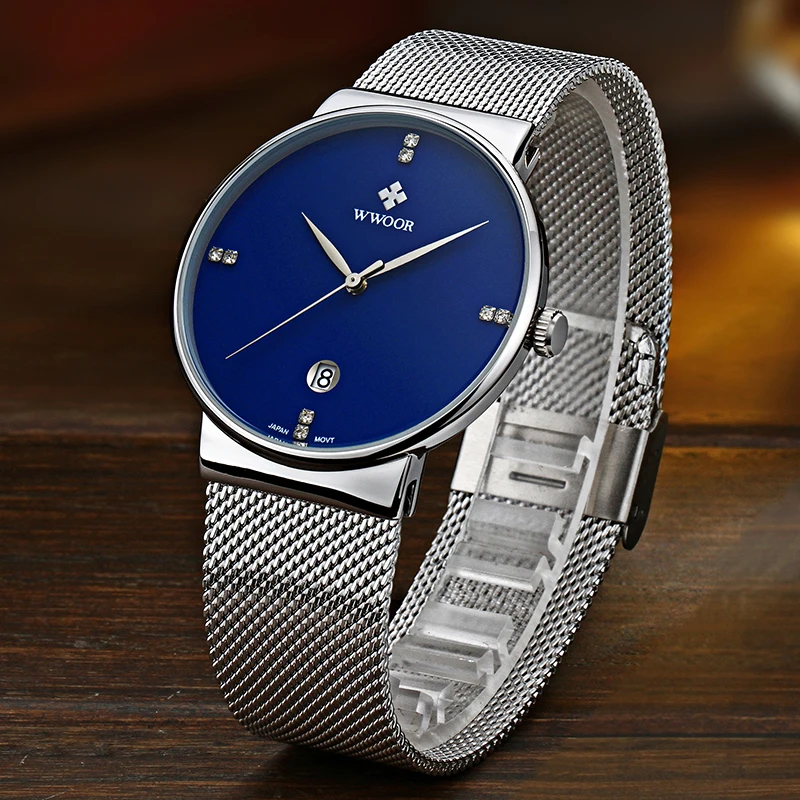 Los hombres Relojes de 2020 Marca de Lujo WWOOR de Fecha Automática Delgado Reloj de Cuarzo de los Hombres de Plata Azul de Malla de Acero Deporte Impermeable Masculino reloj de Pulsera 3
