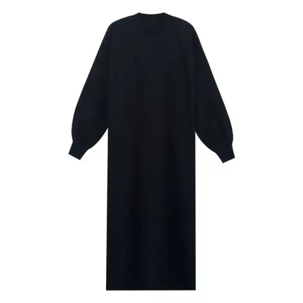Punto negro vestido de las mujeres de la mitad de la longitud de 2020 otoño de cuello redondo de la linterna de manga larga jersey suéter vestido 3