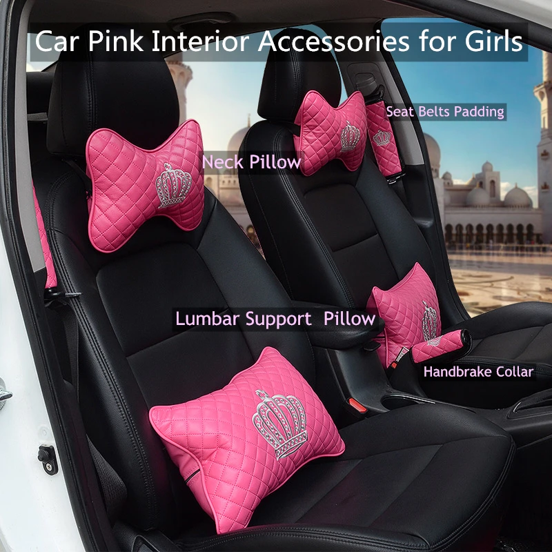 Accesorios del coche de interior de color rosa para las niñas de las mujeres de cuero de la Corona del reposacabezas de la almohada serie completa para bmw e46 e60 e90 f10 vw golf 3