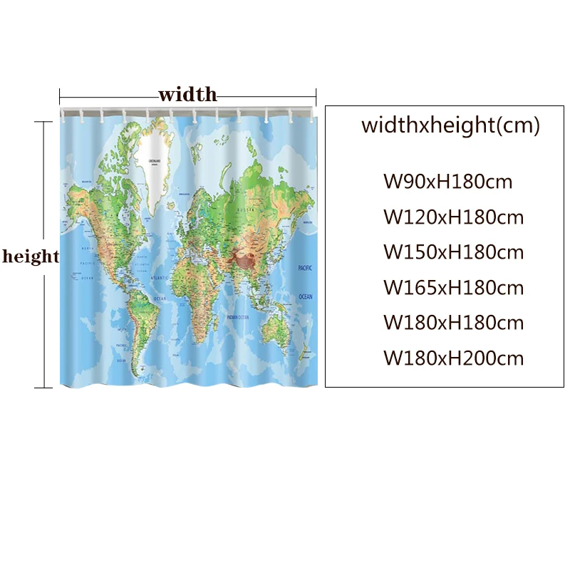 Mapa del mundo de Patrón de Cortinas de baño Cortinas de Baño con Ducha de Impresión 3d de la Pared que Cuelga Mapa de la Cortina de Tela de Poliéster Cortinas de Ducha 3