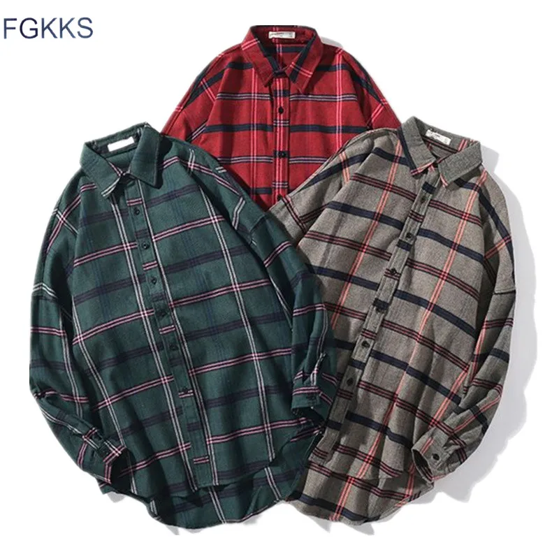 FGKKS Primavera de Nuevos Productos para Hombres Camisas a Cuadros de Moda Casual Hombres de Turn-Down Collar Camisas de Manga Larga, Masculino Cómoda Camiseta Tops 3