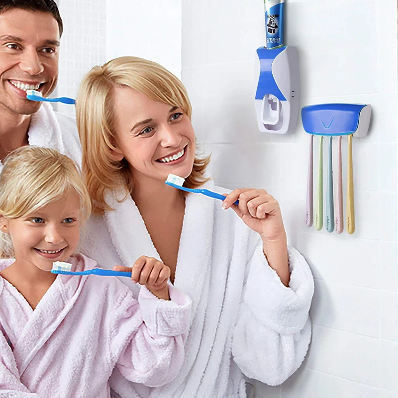 2Pcs Titular de Cepillo de dientes Conjunto de Accesorios de Baño Montado en la Pared Automático Dispensador de Pasta de dientes Exprimidor de la Decoración del Hogar Accesorios 3