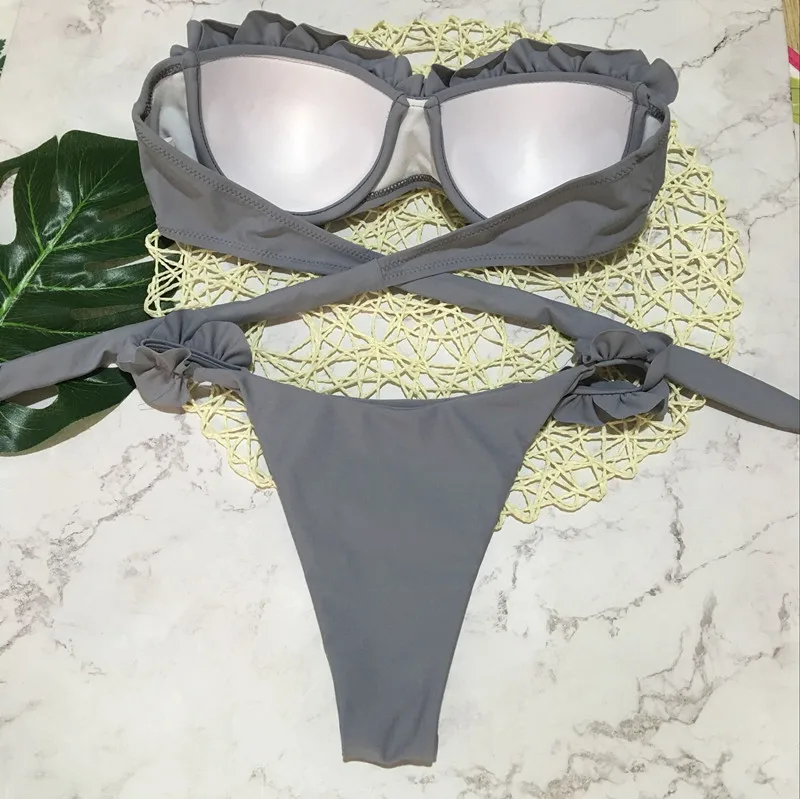 Collar De Push Up Bikini Set Alambres De Flor De Volantes Del Traje De Baño Para Las Mujeres Sexy Sólido Bandeau Mujer Traje De Baño De 2018 Verano Biquini 3