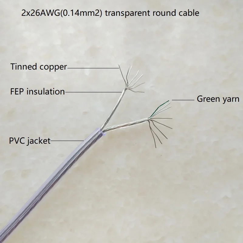 2*0.14mm2(26AWG) aislamiento de FEP cable de alimentación transparente de cable eléctrico para la Iluminación de las lámparas de controlador portalámparas cable 3