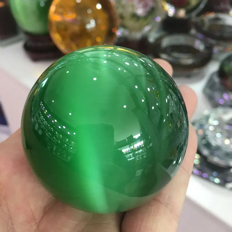 Raro Natural de Cuarzo verde de Ojo de Gato de Cristal de Sanación Bola Esfera de 60 mm + Soporte 5AAA 3