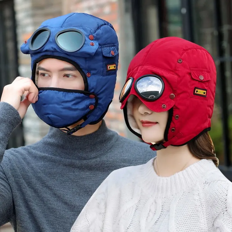 2020 Nuevo Original Diseño De Sombreros De Invierno Para Las Mujeres De Nueva Moda Gorro De Invierno De Los Hombres Impermeables Con Gafas Cool Pasamontañas 3