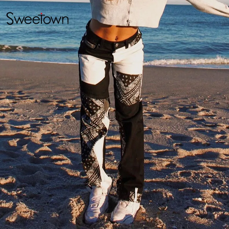 Sweetown Y2K Estética de Baja altura pantalones Vaqueros de las Mujeres de Impresión del Vintage Patchwork Grunge Ropa de Mezclilla Pantalones de Estilo Preppy E Chica de los Pantalones 3