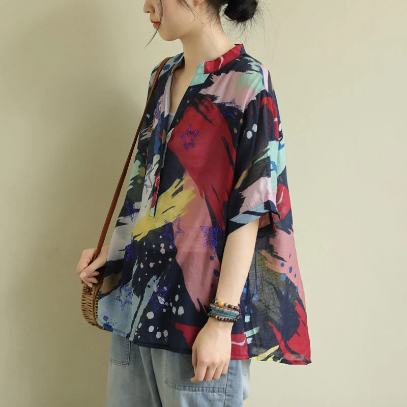 2020 de Artes de Verano de Estilo de las Mujeres de Manga Corta Floja V-cuello de Camisas de la Impresión del Vintage de Algodón Casual Blusas Plus Tamaño de la Femme Blusas M87 3