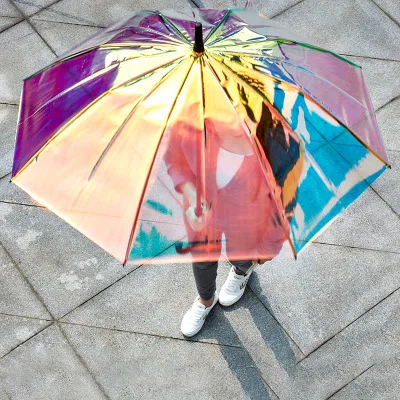 Plástico PVC Holográfica Paraguas de la Moda de Lluvia Sombrilla de Largo Mango de Paraguas Transparente 3