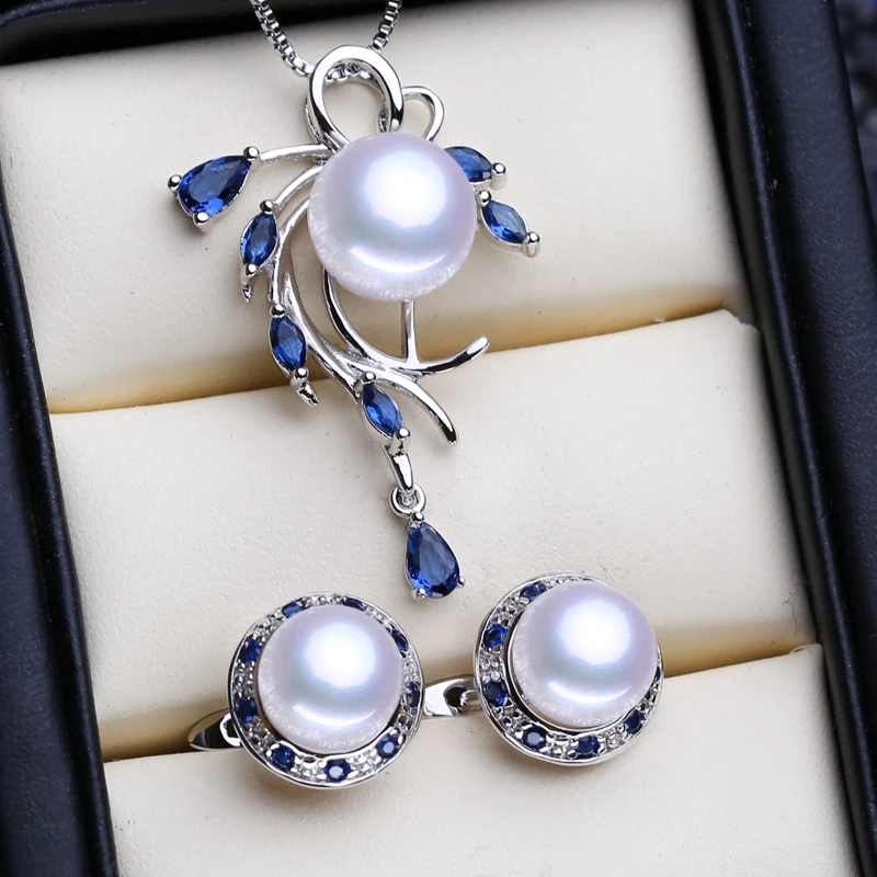 FENASY 925 Collar de Plata de ley Natural de la Perla Conjuntos de Joyas Para las Mujeres de Bohemia Aretes de Zafiro Colgante 3