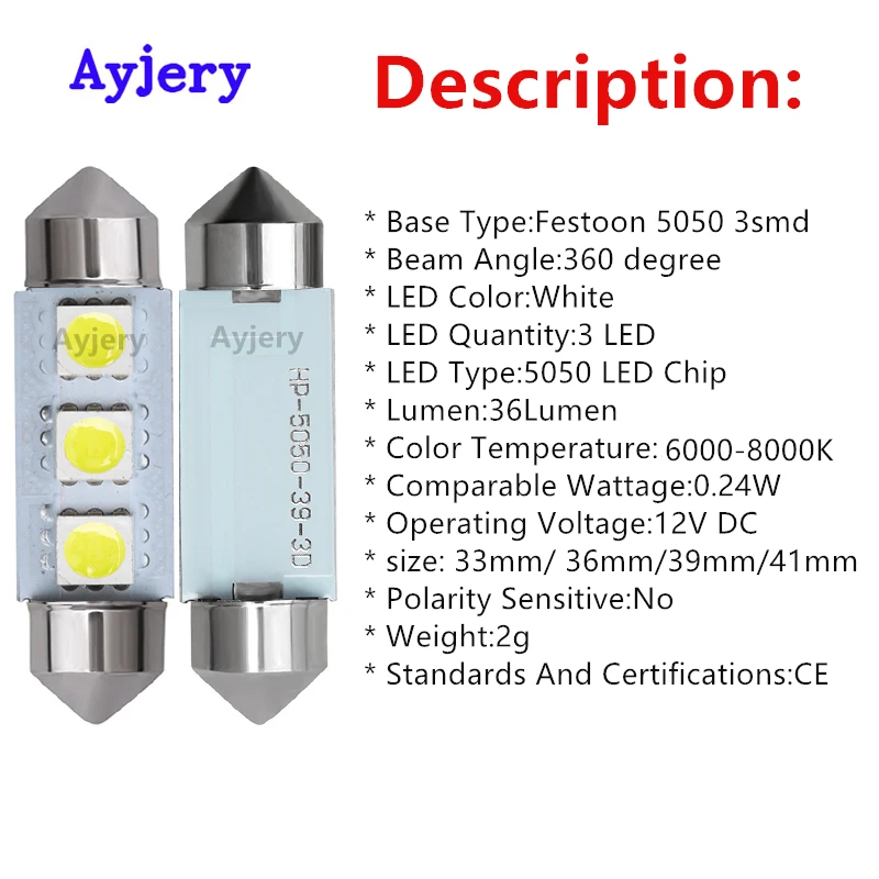 AYJERY Super Brillante 50PCS 33 mm 36 mm 39 mm 42 mm de C5W 5050 3 SMD 3 LED Blanco de Automoción de la Luz de Estacionamiento Interior Lámparas de la Luz del techo de 12V 3