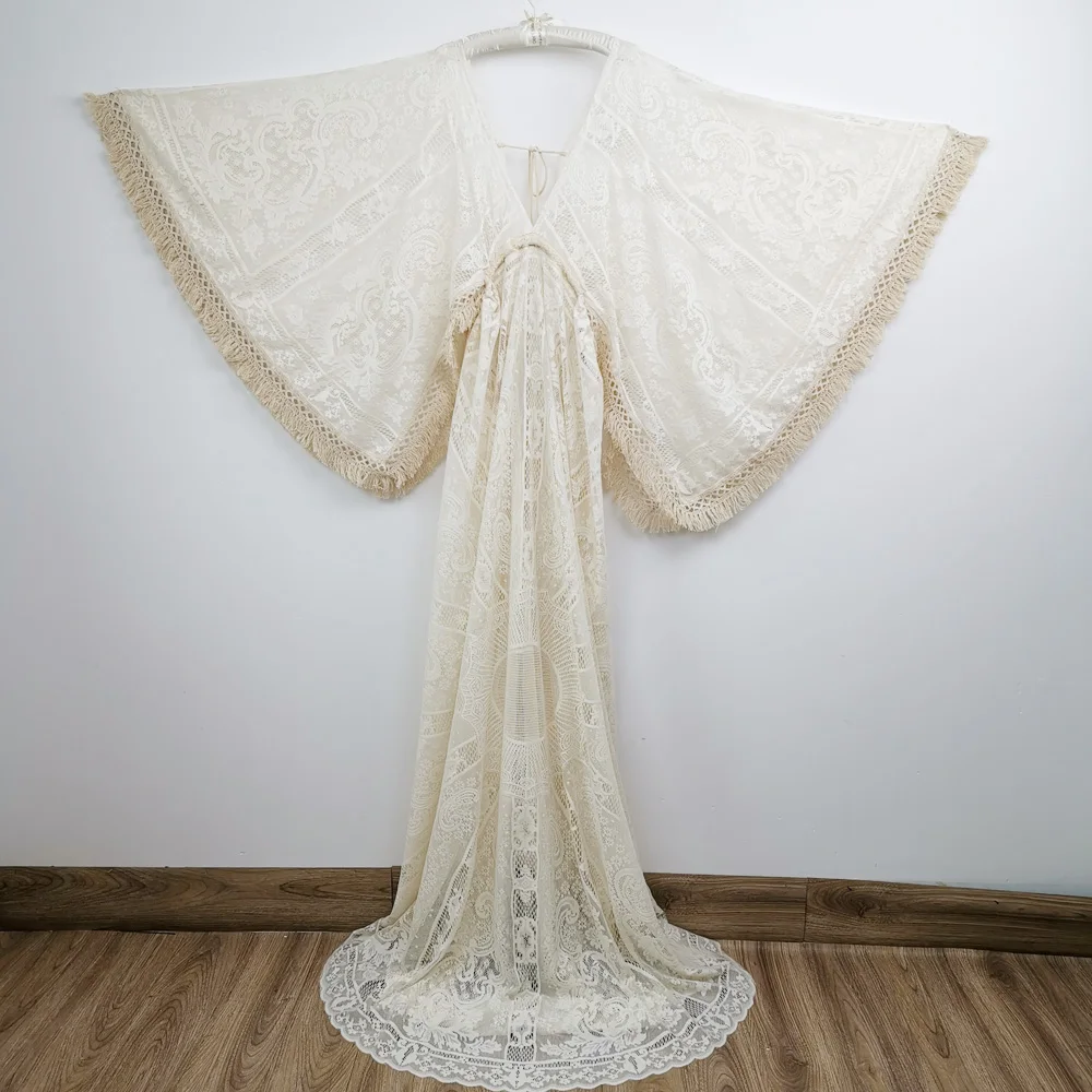 Bohemio Largo Mangas de Campana Vestido de Maternidad Embarazada Vestido de Encaje de la Túnica Kaftan de alta Costura para la Mujer de la Fotografía de la Proposición de la Ducha del Bebé Vestido de 3