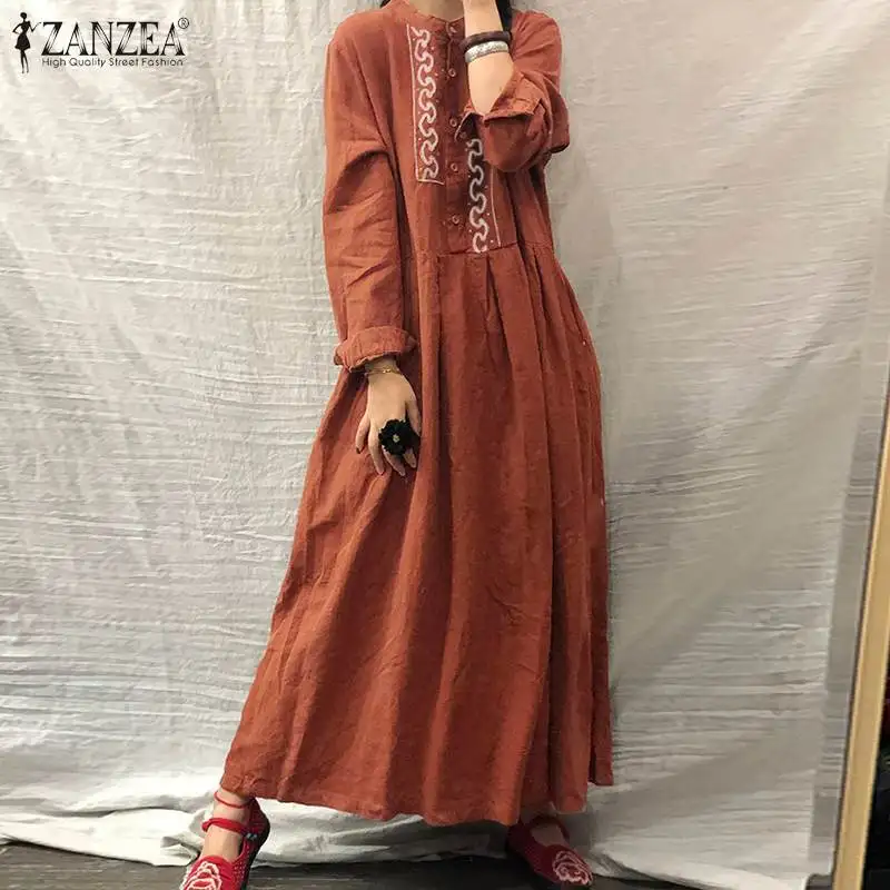 El Bordado elegante Vestido Maxi de las Mujeres del Otoño Vestido ZANZEA 2021 Casual de Manga Larga Vestidos Retro Femenino Botón Túnica Más el Tamaño 3