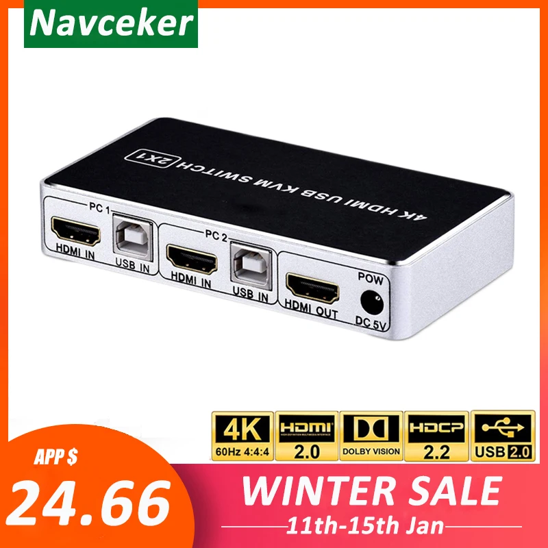 2020 Mejor 4K 60Hz HDMI Conmutador KVM 4K HDMI USB Switch de 2 Puertos Conmutador KVM USB Switcher 3D KVM HDMI 2.0 Teclado Ratón para PC Portátil 3