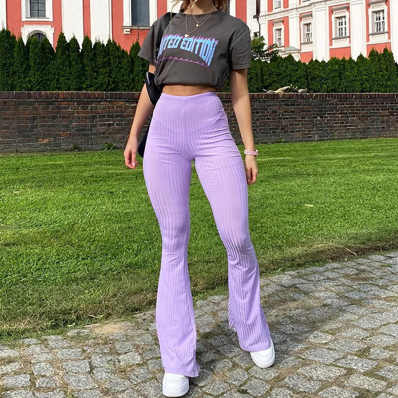 Moda sexy 2020 caliente tejido púrpura de las Mujeres Pantalones de Calle Pantalones de Cintura Alta Streetwear Pantalón Casual Femme Otoño 3