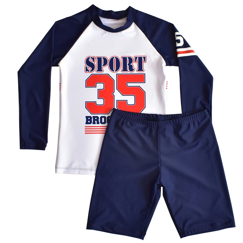 Adolescente de dos piezas traje de baño traje de baño de deporte de niños traje de camisa de manga larga y pantalones cortos azul 3