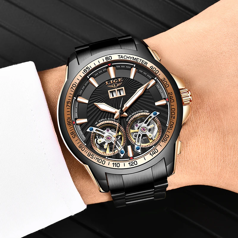 LIGE Nuevos Hombres automáticos de los relojes de la marca superior de lujo Tourbillon Esqueleto de la prenda Impermeable del Reloj de los hombres reloj mecánico Relogio Masculino+Caja 3