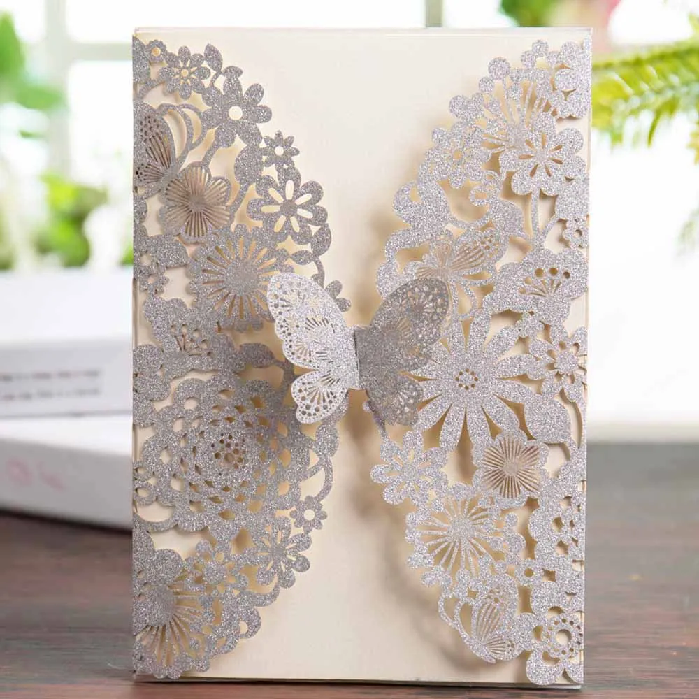 Wishmade Brillo de las Invitaciones de la Boda de Plata de Corte Láser de Tarjetas con la Mariposa de Encaje de Flores Diseños para Cumpleaños, Baby Shower 100pcs 3