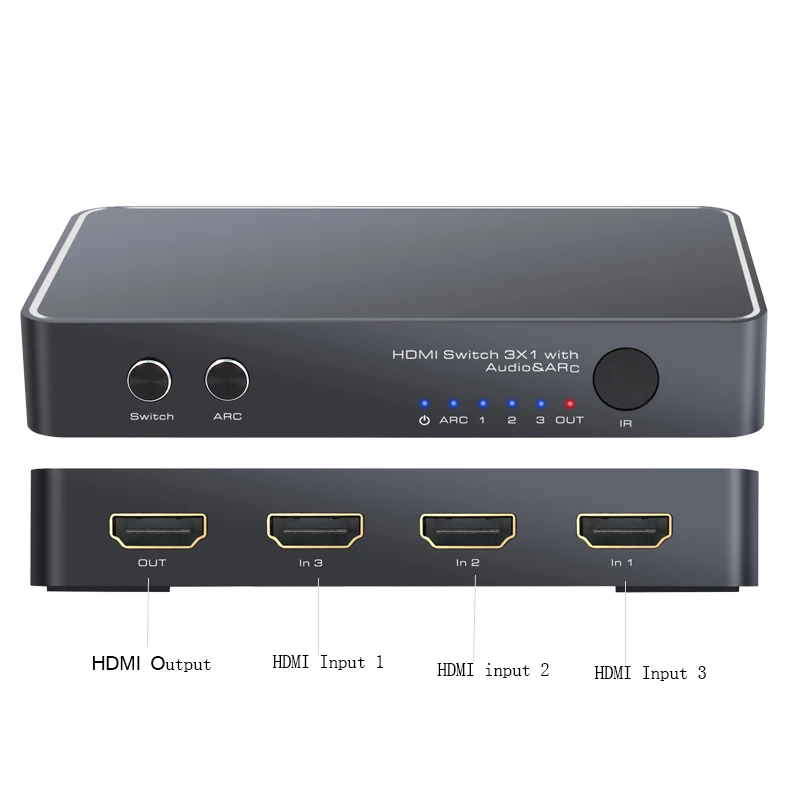 PROZOR para 3 Puertos de Switch HDMI con Audio Extractor Con Control Remoto 4K 3D Soporte de ARCO PIP Mini HDMI a HDMI Adaptador de Conmutador 3