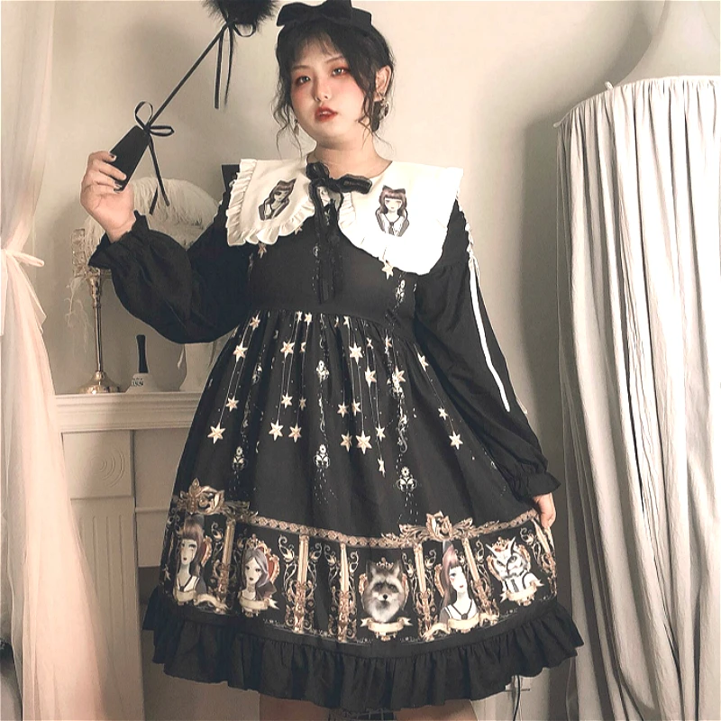 Negro Punk Lolita Gótica Op de Manga Larga de Otoño/invierno Plus Tamaño 2xl 3xl 4xl Gordito Fat Girl Anime Lolita Cosplay Vestidos 3