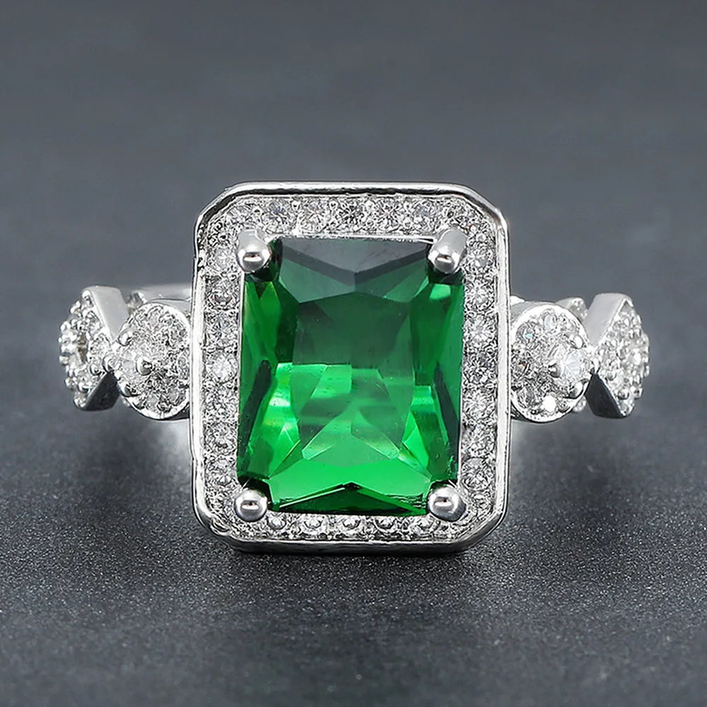 La plaza de la moda cristal verde esmeralda piedras preciosas anillos de diamantes para las mujeres de oro blanco de color plata de la joyería bague fiesta de la moda de regalo 3