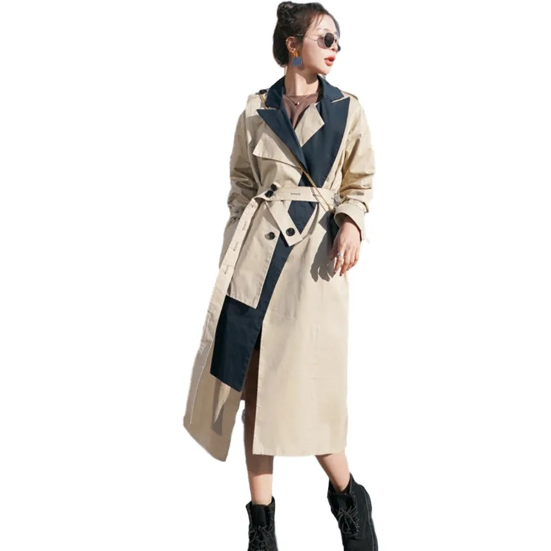 LANMREM 2020 otoño nueva cazadora de estilo coreano de las Mujeres la mitad de la longitud vendaje largo abrigo pequeño contraste de color split trech capa 2 3