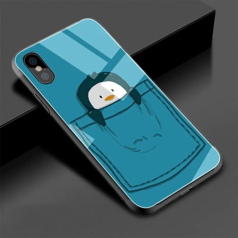 Lindo del pingüino de Vidrio Templado de TPU estuche Negro para iPhone SE 2020 X o 10 8 7 6 6 Plus 5 5S SE Xr Xs Max 3