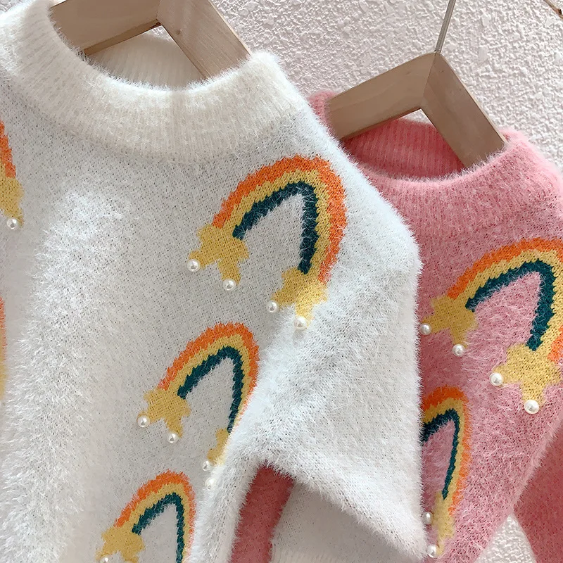 Los niños de bebé de niña de otoño invierno de manga larga de perlas de arco iris O-Cuello tops de la capa del suéter de niño niños ropa espesar suéter 3-8Y 3