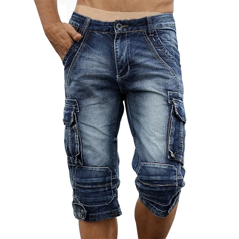 Mcikkny de la Vendimia de los Hombres de la Moda de Carga de pantalones de Mezclilla Con Múltiples Bolsillos Slim Fit Militar Jeans pantalones Cortos Para hombres Lavados 3