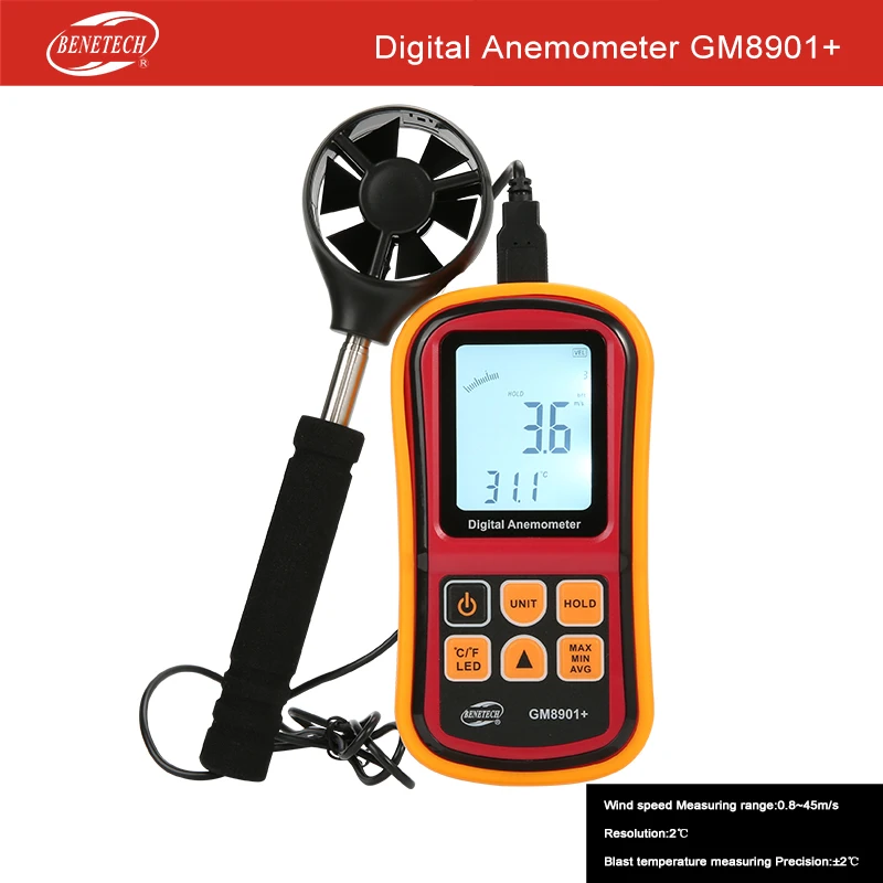 Medidor de viento de aire medidor de velocidad del Anemómetro GM8901 además de Benetech 3