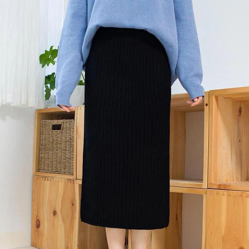 2020 Elástica de las Mujeres con la Falda Lápiz de Otoño Invierno de Alta Cintura Caliente de Punto Elegante Falda Midi Acanalado de Parte de las Señoras Faldas Más el Tamaño 3