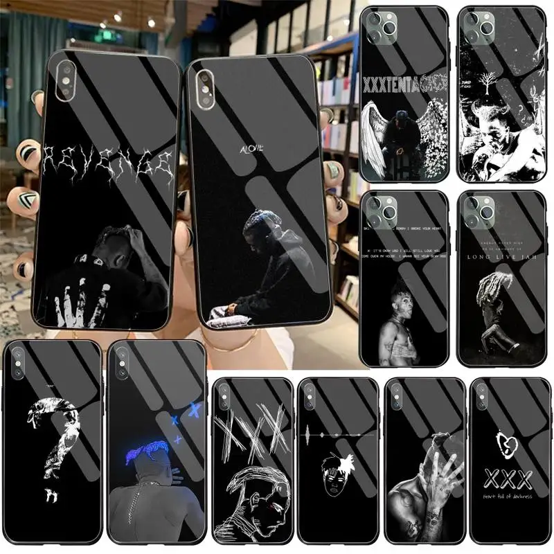 YJZFDYRM Cantante de Rap XXXTentacion negro caja del Teléfono de Casco de Vidrio Templado Para iPhone 11 Pro XR XS MAX 8 X 7 6 6 Plus SE 2020 3