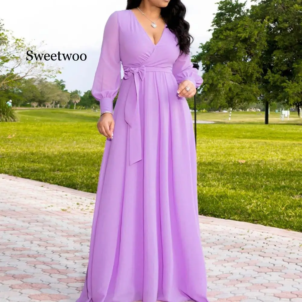 Púrpura De Gasa De Las Mujeres Vestido Largo De La Primavera De Otoño Cintura Alta Una Línea Maxi Vestido De Traje De Fiesta Elegante Vestiods 3