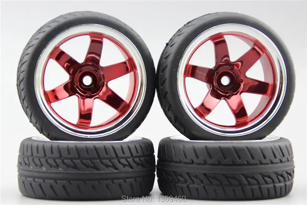 4pcs RC 1/10 de Goma Suave En Carretera Coche del Neumático del Neumático de la Llanta W6SCR 6mm Offset(Cromo+Pintura de color Rojo) 10016(6)+Llantas de Caucho 3