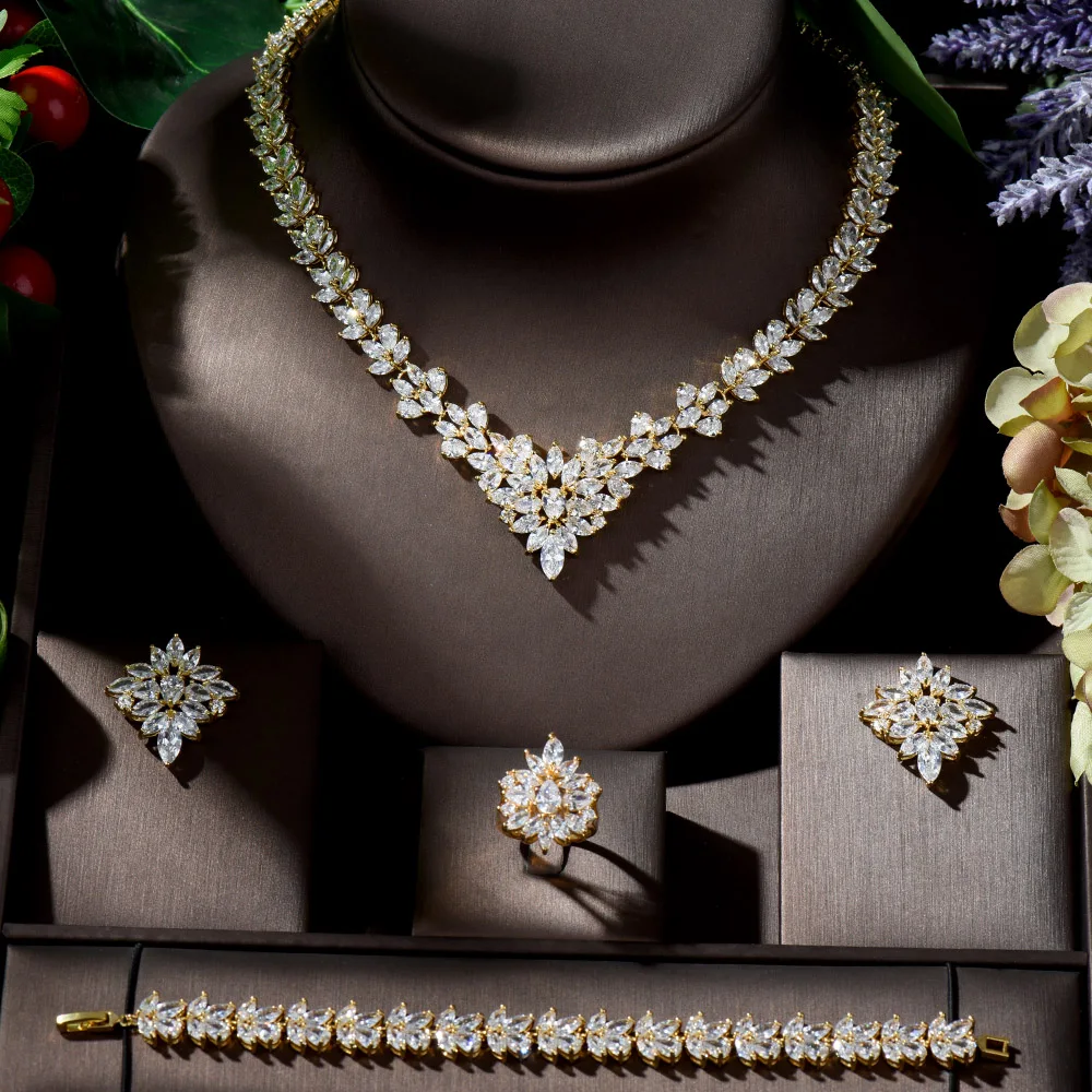 HIBRIDE Caliente la Venta de Oro de Dubai Conjuntos de Joyas para las Mujeres la Forma de la Hoja de Novia Collar Aretes Conjunto de parure de bisutería femme mariage N-702 3
