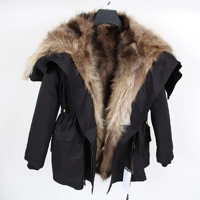 Maomaokong Nueva Moda de Invierno de las mujeres de lujo de piel de conejo abrigo grande de piel de mapache parka con capucha chaqueta de bombardero 3