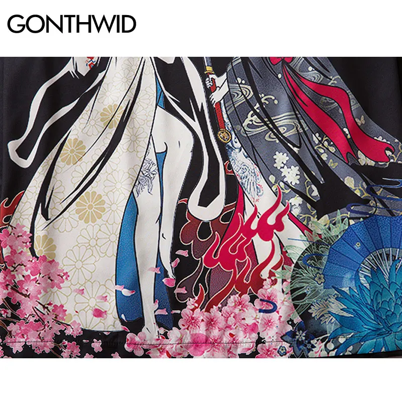 GONTHWID Chicas Japonesas Flores de Cerezo de Impresión Kimono Chaqueta Chaquetas de Ropa de Hip Hop Casual Frente Abierto Abrigos Camisas Tops Hombres 3