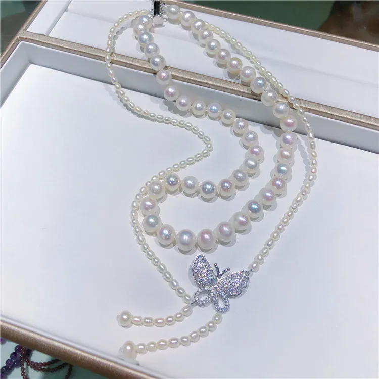 Anudado a mano natural 2rows blanco de agua dulce de la perla de la mariposa de los accesorios del collar de la joyería de la moda 3