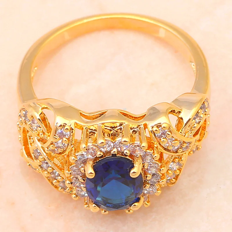 Delicado Tono Oro Pendiente del Collar de la Joyería Anillo de Establecer Zircon Austriaco de Cristal Azul Anillo Sz #8 #7 #9 JS431 3