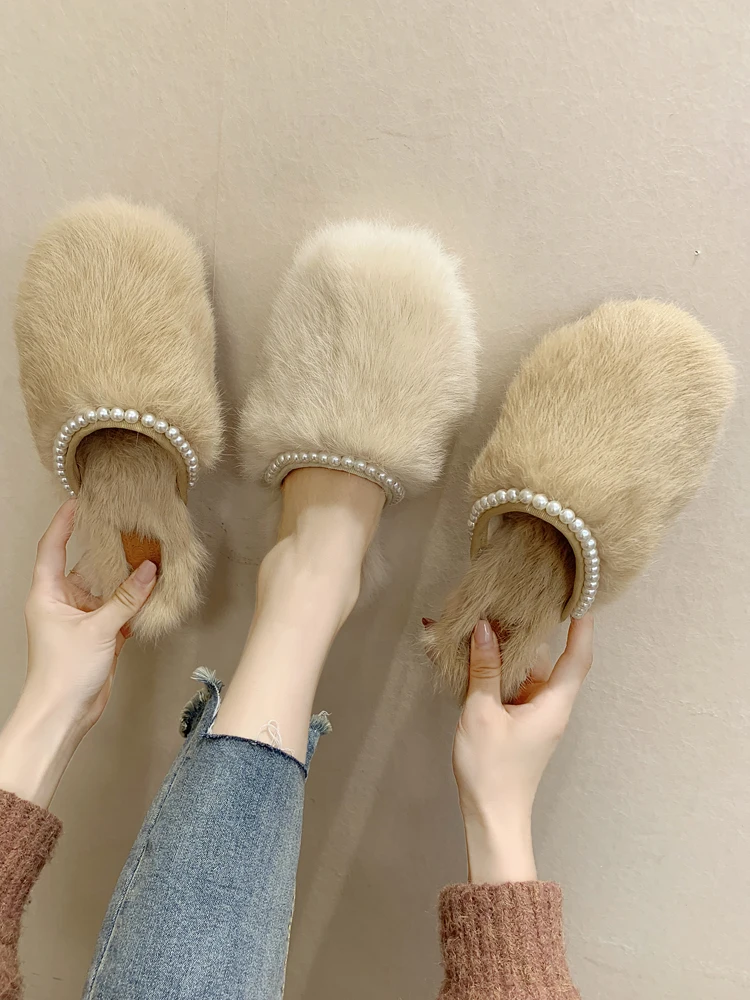 Las mujeres de Piel Zapatillas Slip On Mulas Casa de Invierno de la Felpa de Zapatillas de Piel de Conejo en las Mujeres el Interior de los Zapatos zapatos de mujer de la Perla Dic Piel Real 3