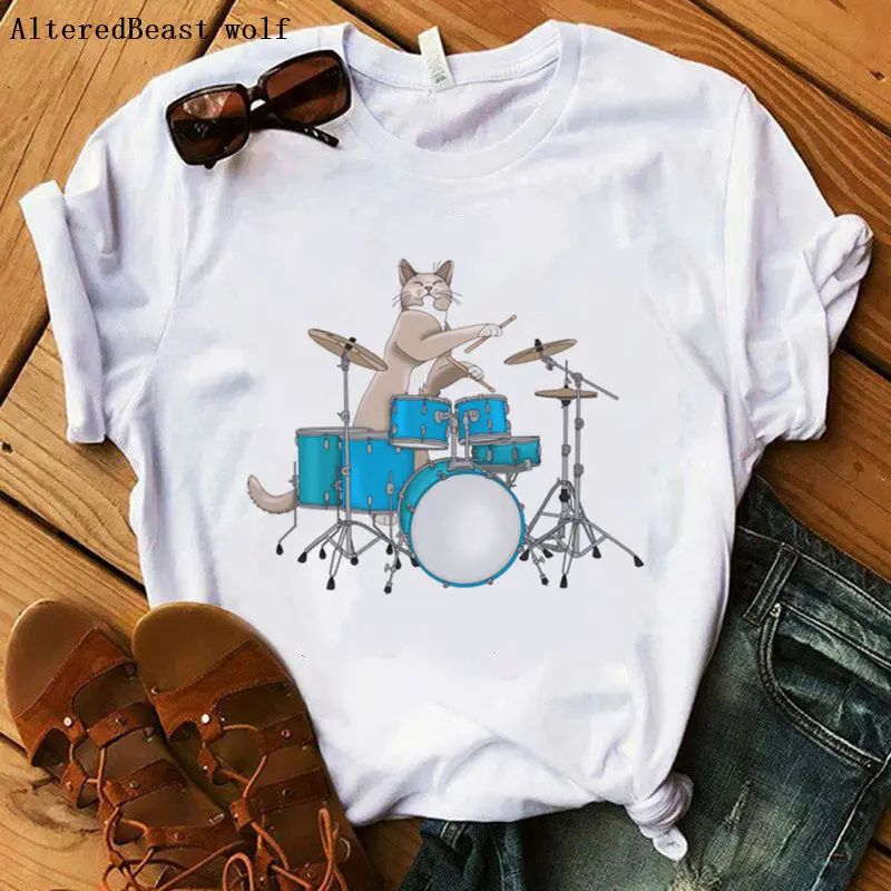 Gato durmiendo en mi bolsillo imprimir las Mujeres T-Shirts de dibujos animados casual divertido gato camiseta de mujer casual harajuku blanco tops ropa de moda 3